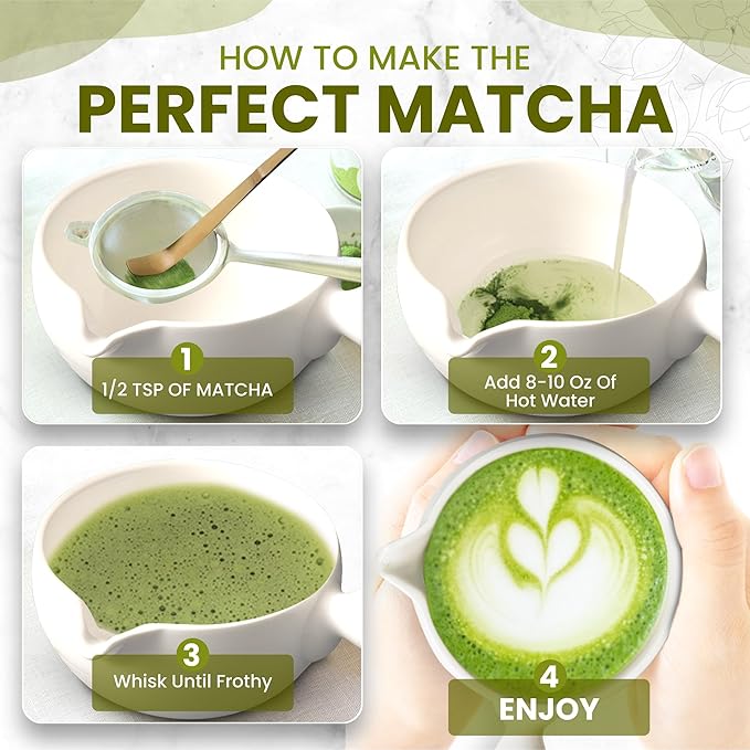 HAPPY PATH & CO Matcha Tea Set – 6 Pcs Matcha Kit Set Includes Bamboo Whisk(Chasen) & Bowl with Spout, Sifter, Scoop & Holder | White Matcha Whisk Set - Perfect Matcha Tool Set for Matcha Lovers