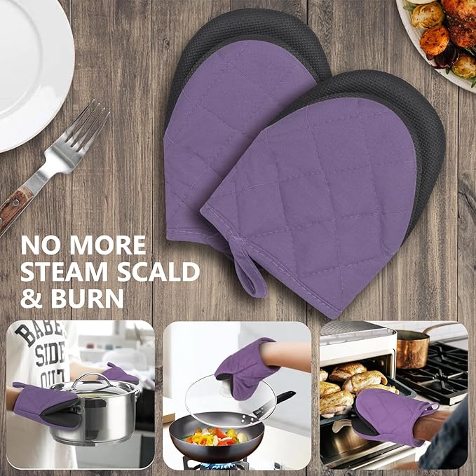 1 Pair Short Oven Mitts - Silicone Kitchen Oven Gloves High Heat Resistant 500℉, Mini Oven Mits with Non-Slip Grip Surfaces and Hanging Loop for BBQ, Baking, Cooking and Grilling (Purple)