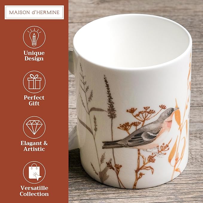 Maison d' Hermine Coffee Mug with Handles Fine Bone China Mugs Pack of One Tea Cups for Hot Beverages Cappuccino Latte Home Office Perfect for Gift (Meadow Florals - Beige Meadow Sunrise, 15 Ounce)