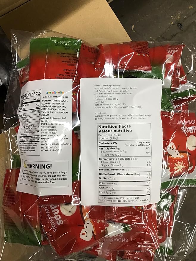 4E's Novelty 50 Packs "Snowman Soup" Mini Marshmallow Packets, Vanilla Flavored, 14 Marshmallows in Each Bag, Bulk Individually Wrapped Christmas Marshmallows For Hot Chocolate Bar Supplies Party Treats
