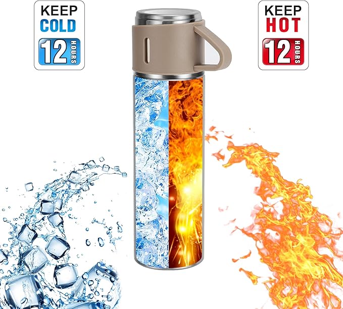 Stainless Steel Thermo 500ml/16.9oz Vacuum Insulated Bottle with Cup for Coffee Hot drink and Cold drink water flask.(Brown,Single)