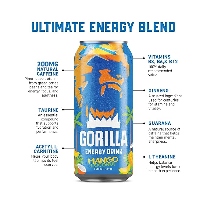 Gorilla Energy Drink, Mango Coconut, 200mg Natural Caffeine, Real Fruit Juice Squeezed & Concentrated, L-Theanine, Taurine, Ginseng, Acetyl L-Carnitine, No Added Sugar and No Artificial Colors, 12 Pack