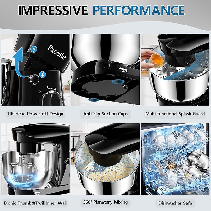 Facelle Stand Mixer, 10-Speed 6QT Kitchen Electric Mixer, Tilt-Head Food mixer with Beater, Dough Hook, Wire Whip and Egg Separator, scraper for Most Home Cooks - Black