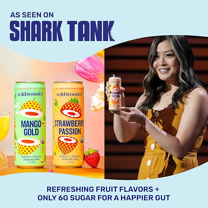 NEW! wildwonder Sparkling Probiotic Drink 12pk, For Gut Health & Immune Support, Raspberry Lychee, 5g Prebiotic Fiber, Live Probiotics, Organic, Vegan, Low Sugar, 12 Pack, 12oz Can, Seen on Shark Tank