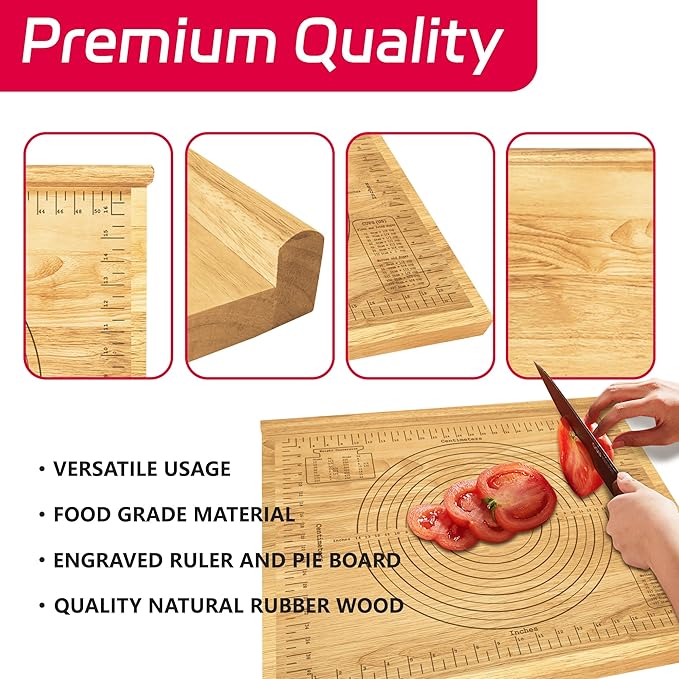 Montex Pastry Board with Measurement 24'' x 20", Wooden Kneading Board, Pastry Board for Rolling Dough, Pastry Baking Board with Counter Lip