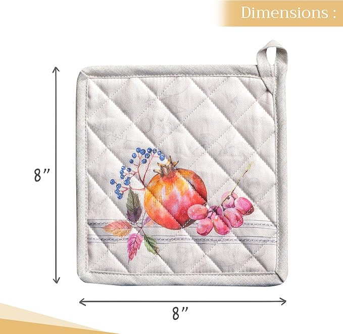 Maison d' Hermine Pot Holders Set 100% Cotton Heat Resistant Potholders 8" x 8" Hot Pads with Loop BBQ, Cooking, Baking, Grilling, Kitchen, Handling Hot Pans (Pack of 2, Fruit D'Hiver)