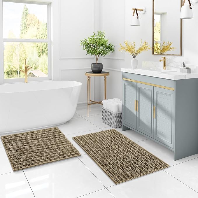 Arotive Luxury Chenille Bathroom Rug Mat, Extra Soft Thick Absorbent Shaggy Bath Rugs, Non-Slip Machine Wash Dry, Plush Bath Mats for Bathroom, Shower and Tub, 47x32, Camel