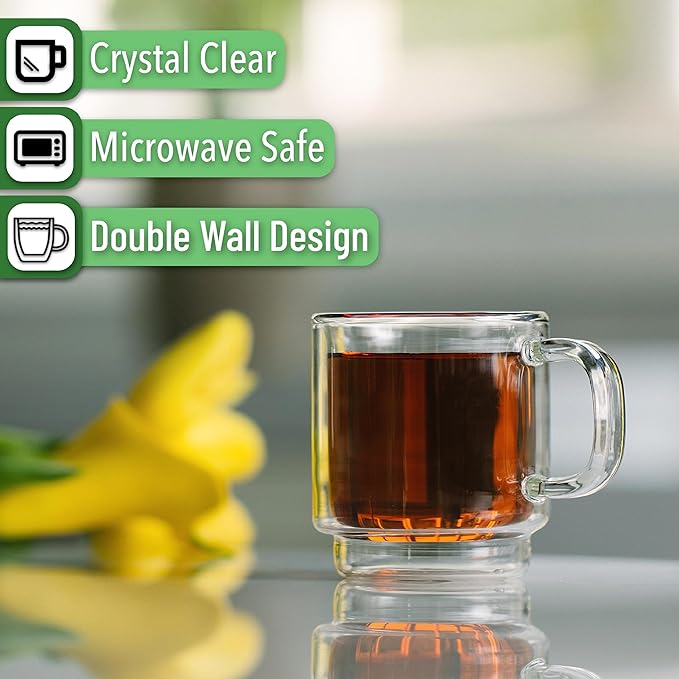 BTaT - Stackable Espresso & Demitasse Glass Coffee Cups, Set of 6 (2.0 oz, 60 ml), Double Wall, Clear