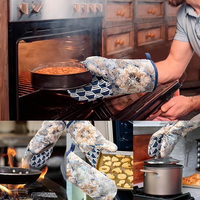Thumb Oven Mitts, Heat and Slip Resistant Silicone Kitchen Mittens 2-Pack Set, Vintage Carpet Flower Soft Long Oven Gloves, Flexible Potholders for Safe Baking Cooking & Grilling (Dusty Blue)