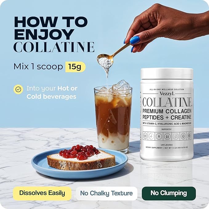 Collatine - Premium Collagen Peptides + Creatine with Vitamin C, Hyaluronic Acid and Magnesium for Skin, Hair, Nails, Bone & Joint, Muscle, Immune and Cognitive Aid (.55 LB (250 G/8.8 OZ)