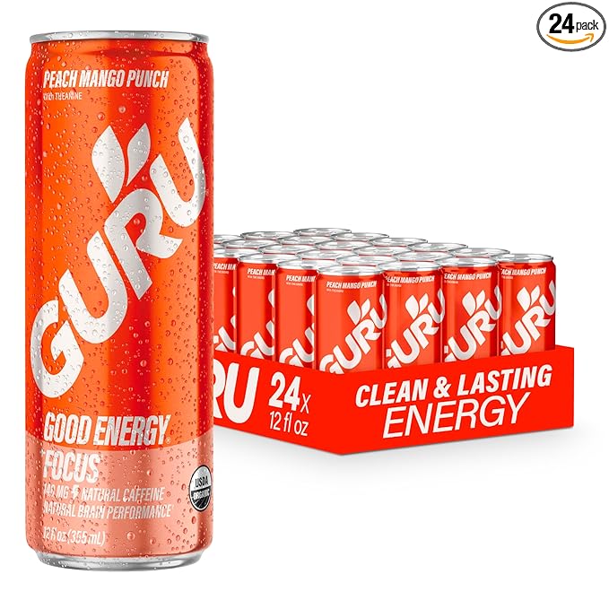 GURU Peach Mango Punch Organic Energy Drinks, Clean Energy Drink with Plant Based Natural Caffeine from Green Tea + Focus with L Theanine, Gluten Free and Vegan, 140MG Caffeine, 12oz (Pack of 24)