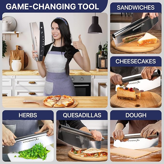 KitchenStar 12-Inch Pizza Cutter Rocker Blade - Sharp Stainless Steel Slicer Knife, Protective Cover, Dishwasher Safe, Small - Professional Pizza Oven Accessories