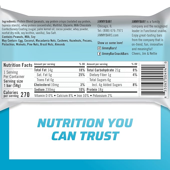 JiMMYBAR! Chocolate Peanut Butter Protein Bars 18g Protein Bar, 6g Low Sugar - 12 Count - 58g Health Bars - Functional Snack with Real Peanuts & Hand-Drizzled Chocolate