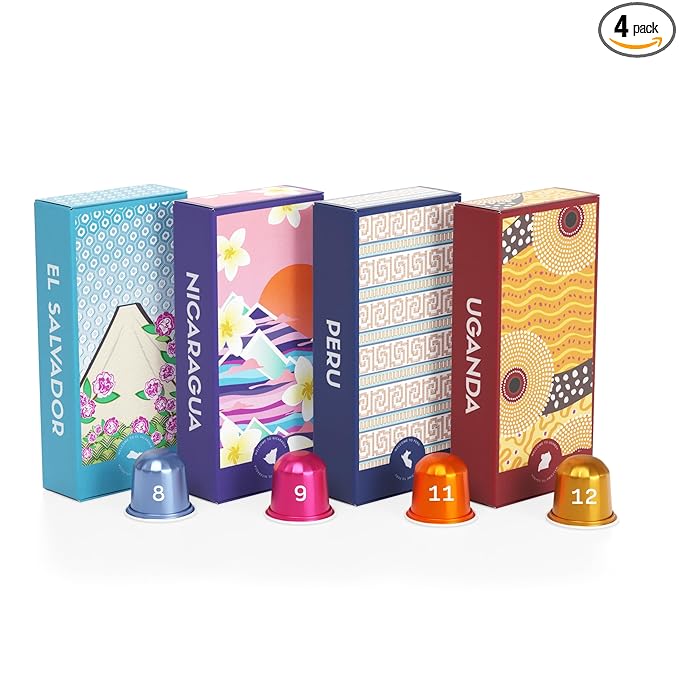 Atlas Coffee Club Espresso Pods Compatible with Nespresso Original– All Roast Variety Pack (40 Count)– Aluminum Capsules from El Salvador, Nicaragua, Peru & Uganda– Intensity 8-12