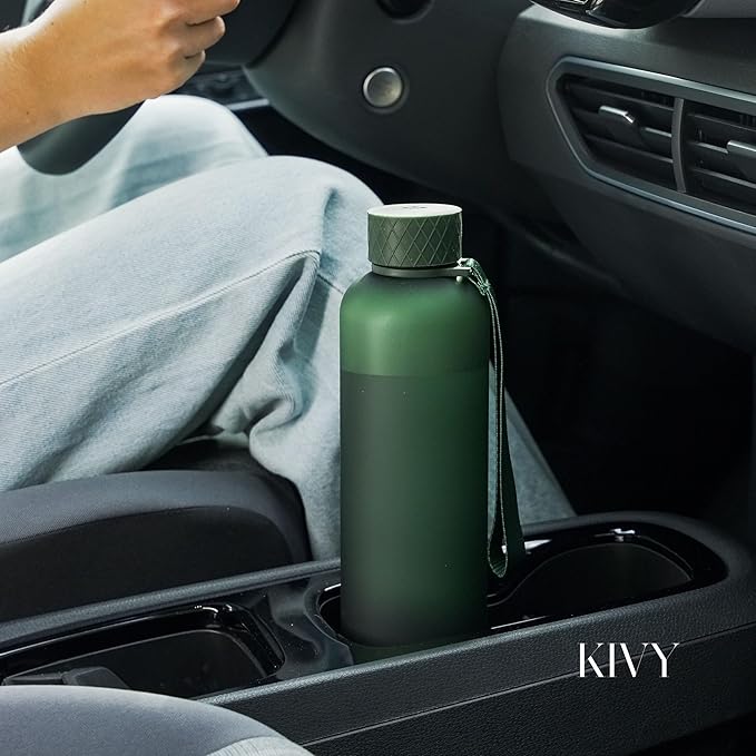 KIVY Slim Water Bottle 32oz [Lightweight & Shatterproof] Fits Backpack & Cupholder for Travel, Sports, School, Gym - Dark green water bottle no straw - Gym water bottle screw top - Dishwasher Safe