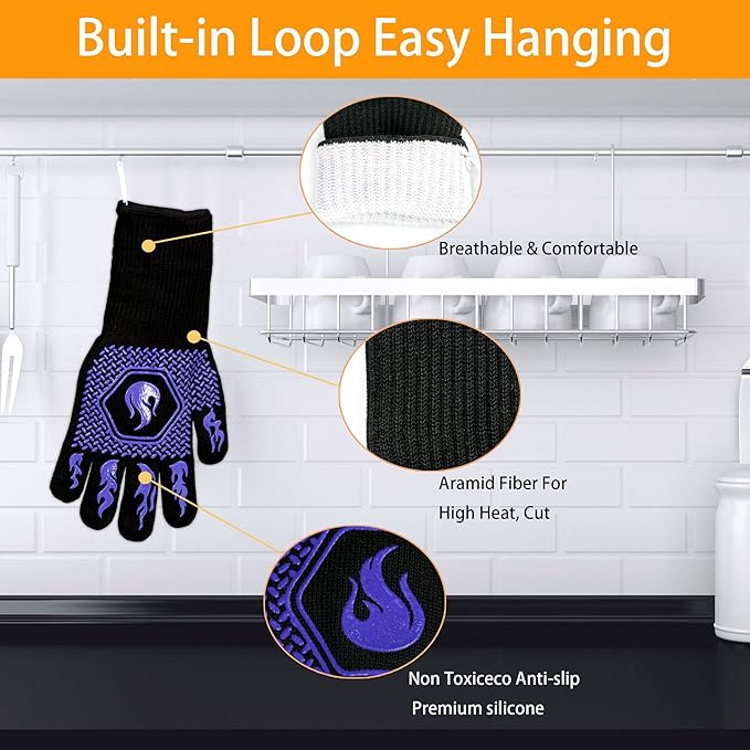 BBQ Fireproof Gloves, Grill Cut-Resistant Gloves 1472°F Heat Resistant Gloves, Non-Slip Silicone Oven Gloves, Kitchen Safe Cooking Gloves for Oven Mitts,Barbecue,Cooking, Frying,13.5 Inch-Blue