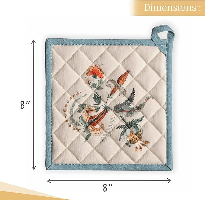 Maison d' Hermine Pot Holders Set 100% Cotton Heat Resistant Potholders 8" x 8" Hot Pads with Loop BBQ, Cooking, Baking, Grilling, Kitchen, Handling Hot Pans (Pack of 2, Dalida)