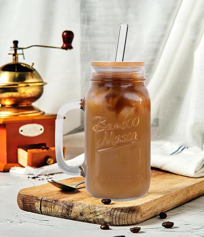 ANOTION Mason Jars Tumbler with Handle - Glass Cups with Lids and Straws Drinking Glasses Coffee Mug Glasses Drinking Set Iced Coffee Cup Smoothie Cup Tea Cup Travel Coffee Mug Water Cup