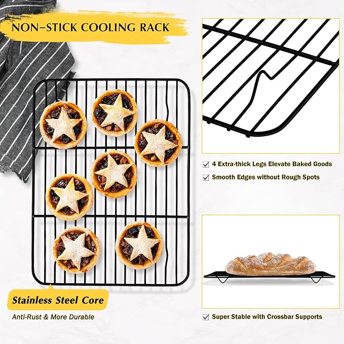 Small Baking Cooling Rack Set of 2, E-far Non-stick Toaster Oven Rack for Cooking Roasting Grilling Broiling Meat Bacon, 9.7” x 7.3” Metal Bakeable Wire Racks for Cookie Cake - Easy to Clean