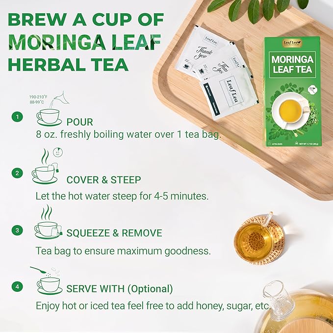 LeafLea 40 Moringa Tea Bags, 100% Natural and Pure Moringa Leaf Herbal Tea, Supports Digestion and Immune Health, Caffeine-Free, Sugar-Free, Vegan