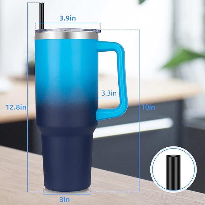 DOMICARE 40 oz Tumbler with Handle and Straw, Stainless Steel Tumbler with Lid and Straw, Reusable Vacuum Insulated Cup, Travel Coffee Mug, Blue Gradient, 4Pack