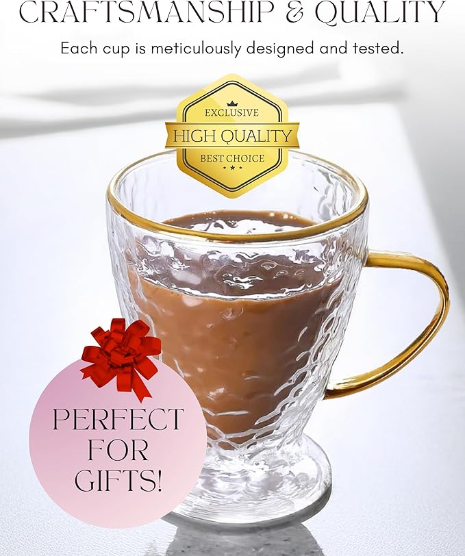 Sister.ly Drinkware, Hammered Double Wall Glass Coffee Cups with Gold Rim and Gold Handle, Insulated Glass Coffee Mugs, Set of 2, 12 ounces. Perfect for Espresso, Latte, Tea, Irish Coffee