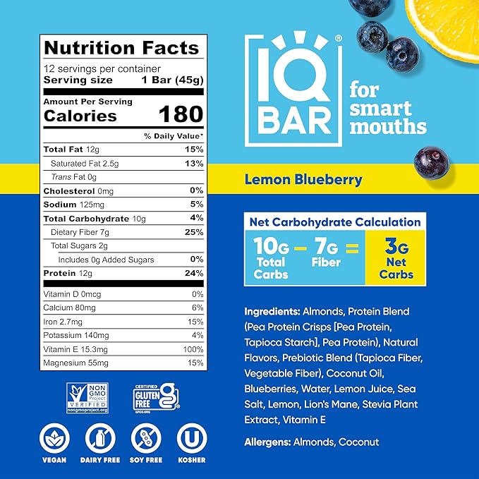 IQBAR Brain and Body Plant Protein Bars - Lemon Blueberry - 36-Count - Keto, Vegan, Low Carb, High Fiber, Gluten Free, Dairy Free, Low Sugar Snack with Nutrients for Focus, Energy, Meal Replacement