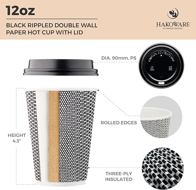 [100 SET]Harvest Pack 12 oz Disposable Coffee Cups, Insulated Ripple Double-Walled Paper Cups with Lids, Black and White Geometric, Drinking Cups for Tea Hot Chocolate Drinks To go coffee cups