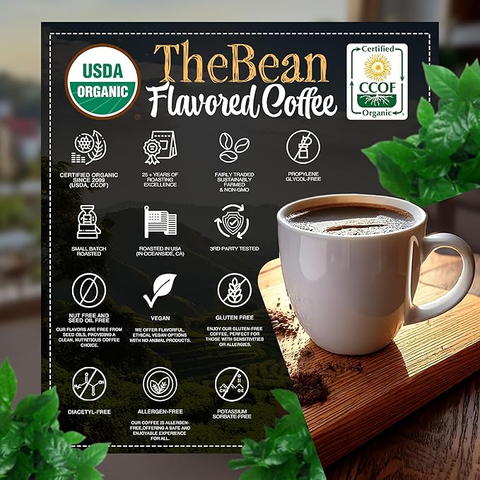 The Bean Organic Coffee Company Water Processed DECAF Caramel, Medium Roast, Ground Coffee, 16-Ounce Bag, Café Molido Tostado Orgánico descafeinado