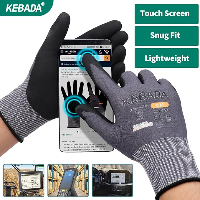 Kebada W2 Work Gloves for Men and Women, Nitrile Coated Working Gloves for Gardening, Construction, Warehouse, Safety Gloves for Work in Yard and Outdoors, 6 Pairs, Large