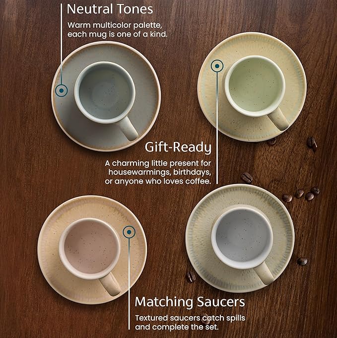 KooK Espresso Mug and Saucer Set, Ceramic Cups and Plates with Rustic Organic Shape and Feathered Texture, Dishwasher and Microwave Safe, 2.7 oz, Set of 4, Neutral Multicolor