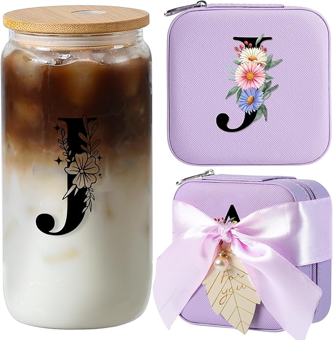 AYGXU Birthday Gifts for Women - Drinking Glass with Bamboo Lids and Straw, Iced Coffee Travel Jewelry Case, Small Jewelry Organizer Box, Initial J (Purple)