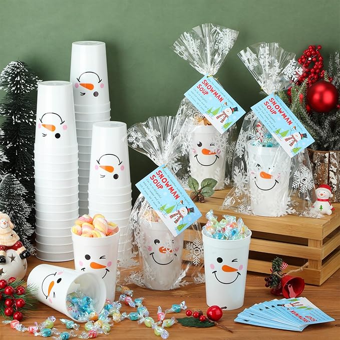 50 Sets Plastic Christmas Snowman Soup Kits for Classroom Coworker Exchange Gift 16 oz Winter Snowman Marshmallow Cups with Soup Tags Clear Xmas Bag for Hot Cocoa Chocolate