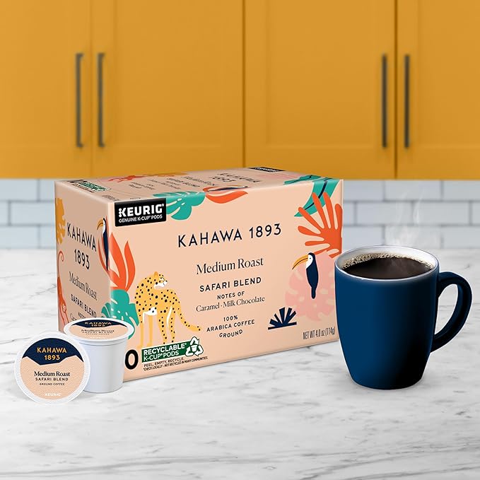Kahawa 1893 Medium Roast Coffee K-Cup Pods Safari Blend (60 Count) - As Seen on Shark Tank, High Antioxidants, Naturally Sweet, Organically Grown & Cultivated, Ethically & Sustainably Sourced