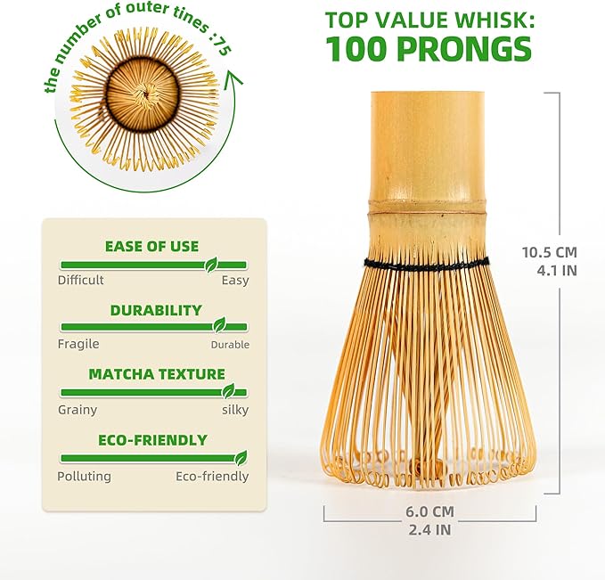 TEANAGOO Matcha Whisk Set, Bamboo Matcha Whisk (Chasen), 4 Pcs Traditional Starter Matcha Set, Scoop (Chashaku) Tea Spoon Whisk Holder, Matcha Accessory, Bamboo Whisk For Matcha Tea (100prongs)