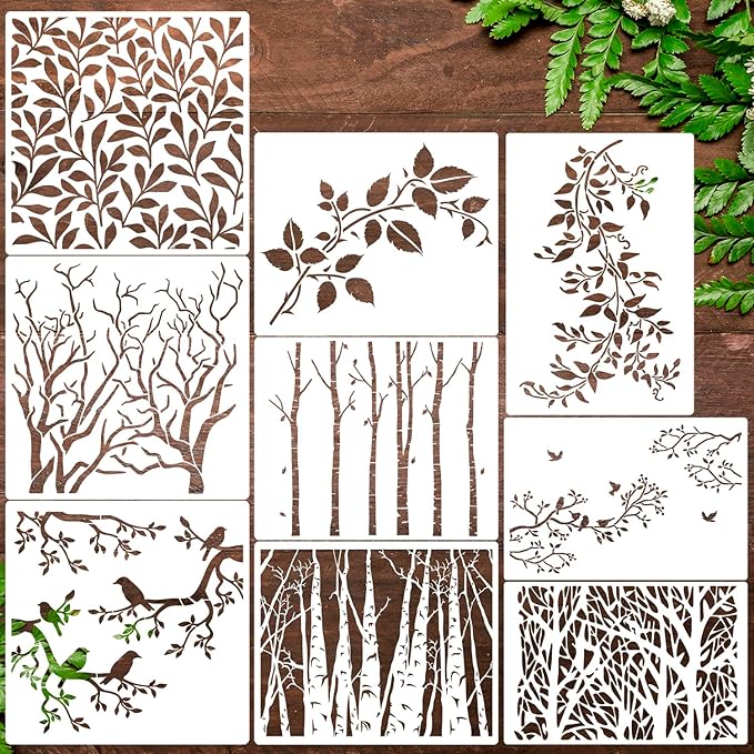 Tree Stencils for Painting on Wood Leaf Vine Stencil Large Bird Branch Stencils for Crafts Reusable for Wall Furniture Canvas Decor