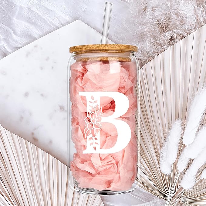Personalized Gifts for Women, Monogrammed Glass Cups with Lids and Straws, Custom Tumbler, Cute Customized Mug, Aesthetic Stuff, Initial Iced Coffee Cup, Drinking Glasses, Birthday Teacher Gifts, B