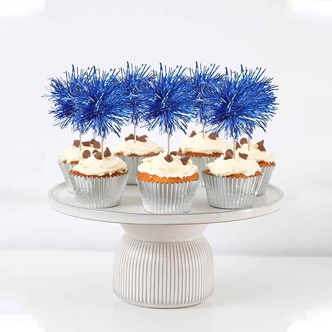 40 PCS Foil Firework Cupcake Toppers Sparkle Tinsel Cupcakae Picks Sparkler Fireworks Party Decorations Cocktail Fruit Toothpick for Birthday Wedding Graduation Party Decorations Supplies Dark Blue