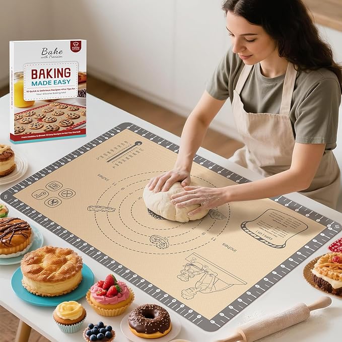 Silicone Baking Mat with 10 Quick Recipes, Extra Thick Silicone Mats for Baking, Non Stick Pastry Mat,Reusable kneading Dough Rolling Mat for Cookie, Macaron, Bread, Pizza-Tutorial Video Included