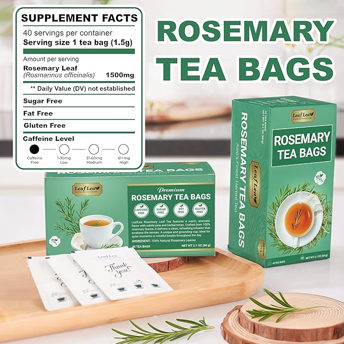 LeafLea 40 Premium Rosemary Tea Bags from 100% Natural Rosemary Leaves, Herbal Tea for Gentle Digestive Comfort, Te De Romero Earthy Taste & Light Aroma, Caffeine-Free, Sugar-Free, Non-GMO