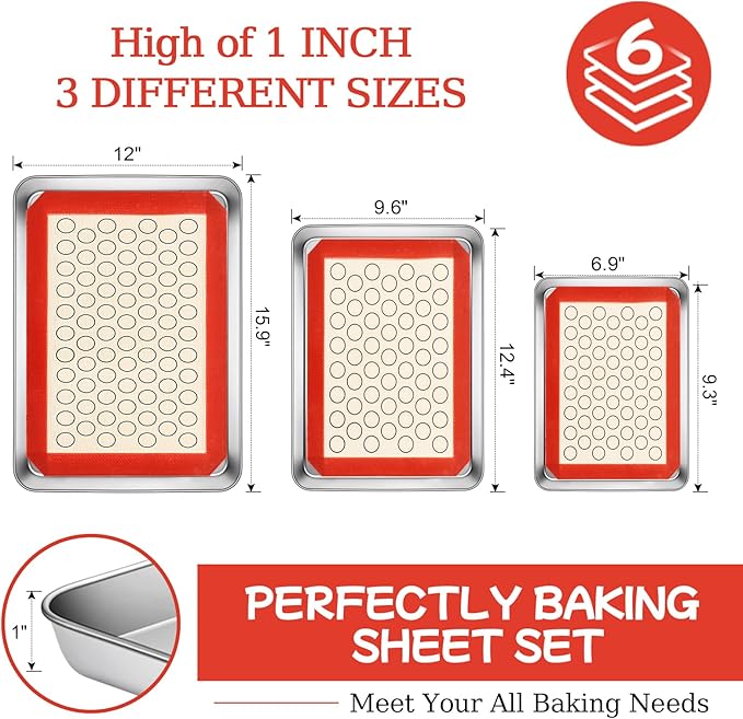 Baking Sheet with Silicone Baking Mat Set,CEKEE Stainless Steel Baking Sheet Pan Tray, Cookie Sheets for Baking, 6PCS Baking Supplies Bakeware Sets for Oven Making Cookies, Macaroons, Bread