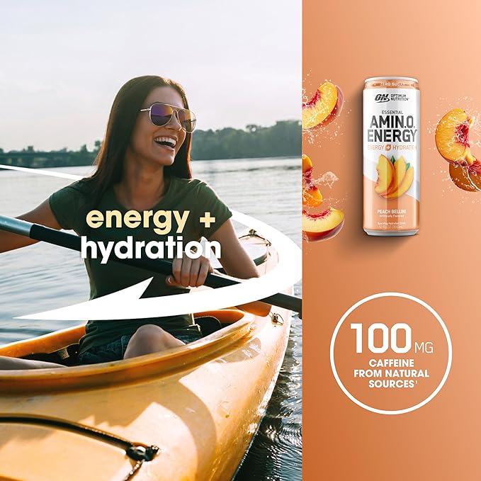 Optimum Nutrition Amino Energy Sparkling Hydration Drink, Electrolytes, Caffeine, Amino Acids, BCAAs, Sugar Free, Peach Bellini, 12 Fl Oz, 12 Pack (Packaging May Vary)