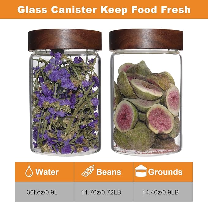 Glass Coffee Jars Spice Jar Round Storage Canister with Wooden Lid Clear Glass Food Jar for Pantry Sugar Tea Coffee Bean Spice Nuts Cookies Bath Salts (900ML*2PACK)