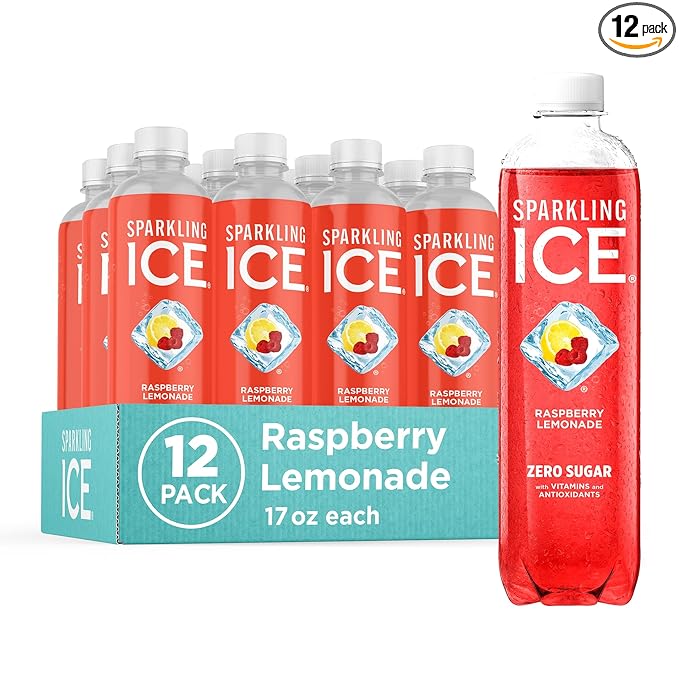 Sparkling Ice, Raspberry Lemonade Sparkling Water, Zero Sugar Flavored Water, with Vitamins and Antioxidants, Low Calorie Beverage, 17 fl oz Bottles (Pack of 12)