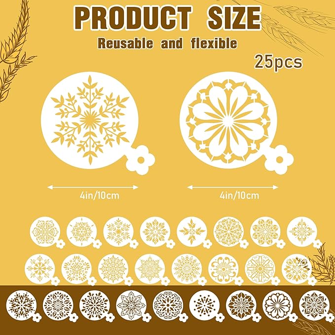 Coffee Latte Art Stencils - 25 Pcs Mandala Baking Stencils Decorating Template, Buttercream Sour Dough Bread Cookies Decorate Tools