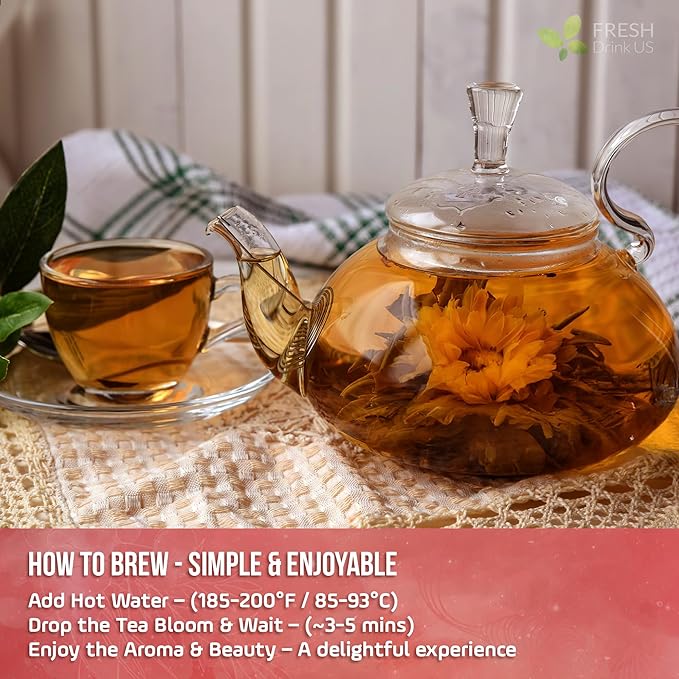 FreshDrinkUS, Premium 15 Flowering Tea Balls – Green Tea, Lily, Jasmine, Rose, Gomphrena & More – Beautiful Hand-Tied Blooming Teas for Relaxation & Wellness – Caffeine-Free. Ideal Gift for Tea Lovers