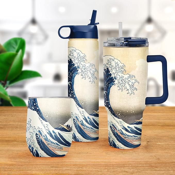 RainCaper 18/8 Stainless Steel Insulated Water Tumbler with Straw | 30oz, BPA-Free, Double Wall for Hot & Cold | Travel-Friendly, Cup Holder Ready (Hokusai The Great Wave)