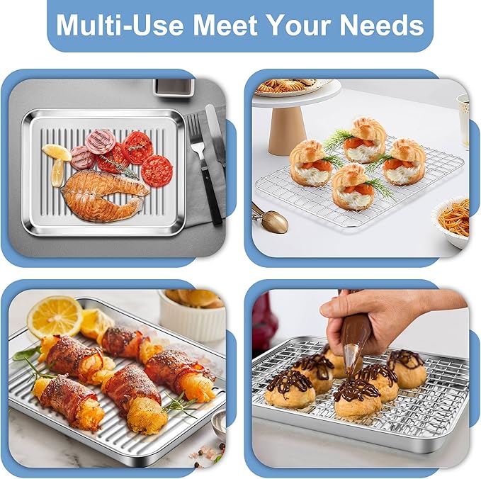 TeamFar 10.5'' Stainless Steel Compact Baking Pan Toaster Oven Tray with Cooling Rack, Corrugated Bottom & Grid Mesh Rack, Non-Toxic & Heavy-Duty