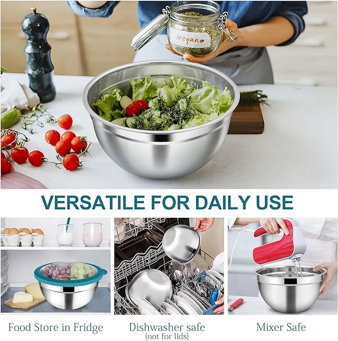 TeamFar Mixing Bowl Set, 4.5/3/1.5 QT Stainless Steel Nesting Salad Bowls with Airtight Lids, For Serving/Mixing/Storing/Prepping, Non-Toxic & Sturdy, Visible & Easy Clean, Dark Blue, Set of 3
