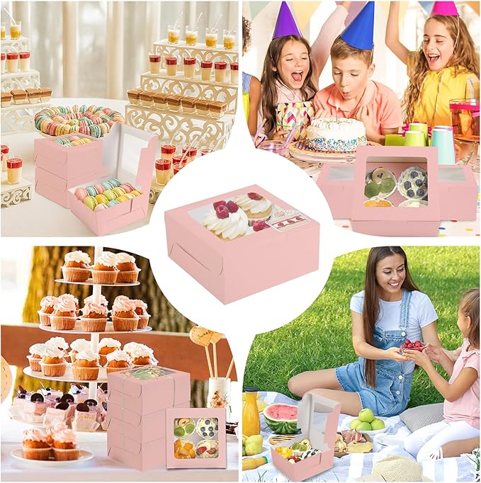 OAMCEG 80 Pack Cookie Boxes with Window, 6x6x3 Inches Pink Cupcake Boxes, Bakery Treat Boxes with Stickers & Twine for Pastry, Desserts, Strawberries, Cupcakes, Gift Giving